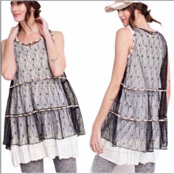 EASEL sheer lace babydoll tunic top M black - Picture 2 of 9